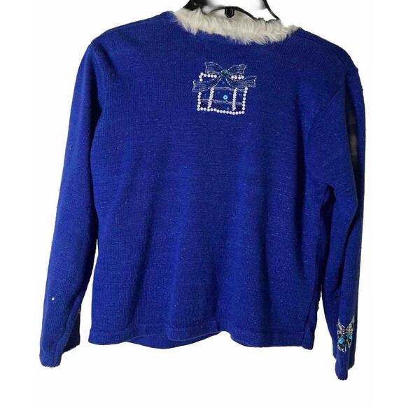 L James Closet Blue Women Ugly Christmas Sweater With Button Ramie/cotton - Picture 5 of 6